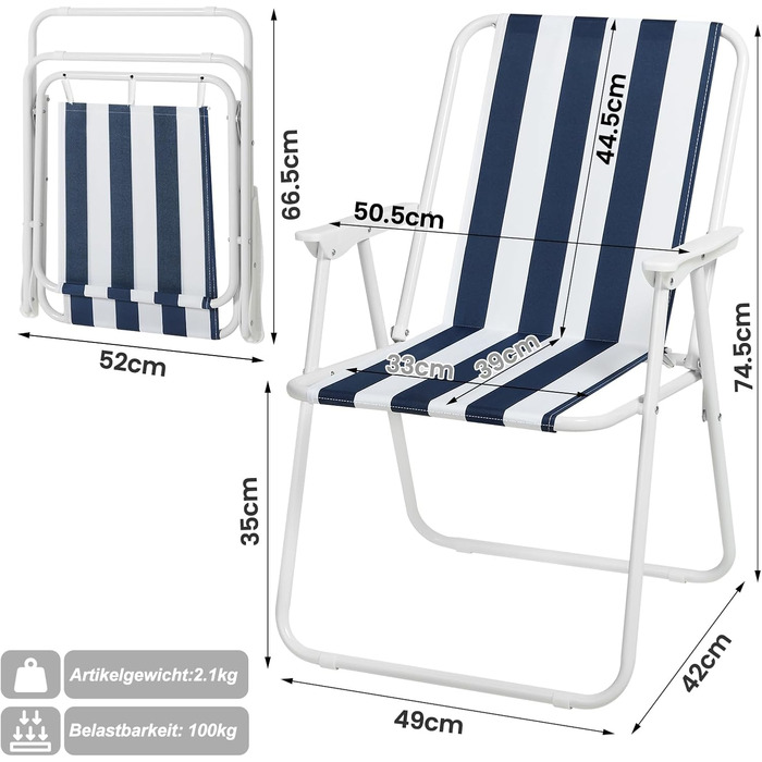 WOLTU Folding Camping Chairs, 2-Piece Set, Folding Chair, Lightweight Fishing Chair with Armrests for Picnic, Outdoor, Hiking, Garden, Balcony, (White+Blue)
