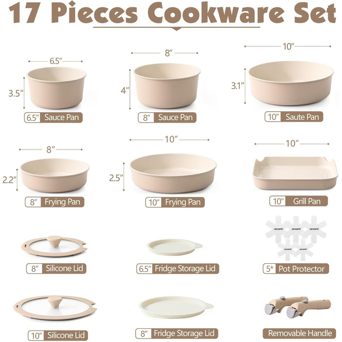 SENSARTE 17-Piece Ceramic Nonstick Cookware Set with Detachable Handle - Induction Compatible, Dishwasher Safe (Beige)