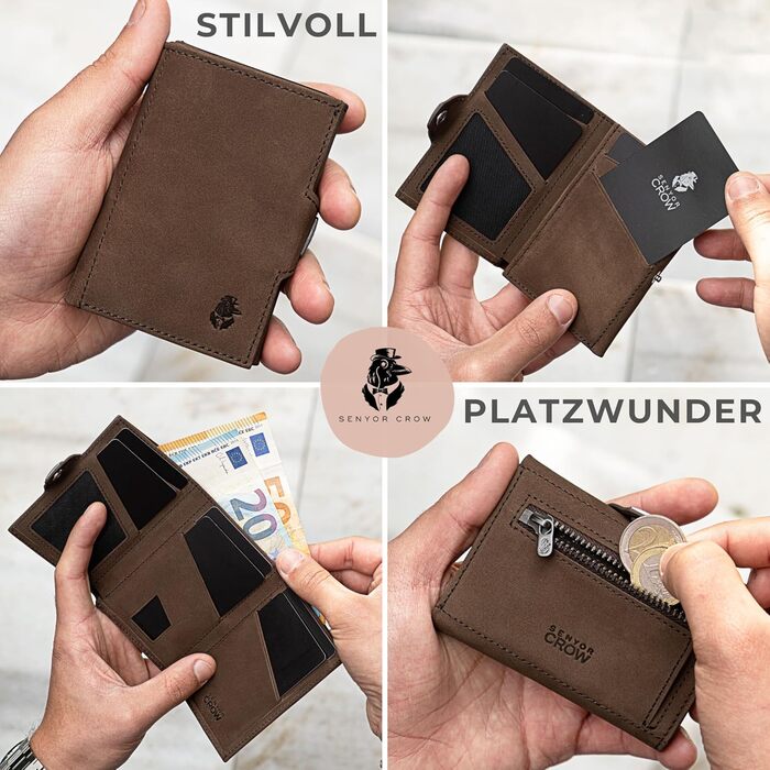 SENYOR CROW® Slim Wallet with Coin Pocket and RFID Protection | NewGen Wallet made of Genuine Leather | High-Quality Wallet | Card Holder for 11 Cards | Brown
