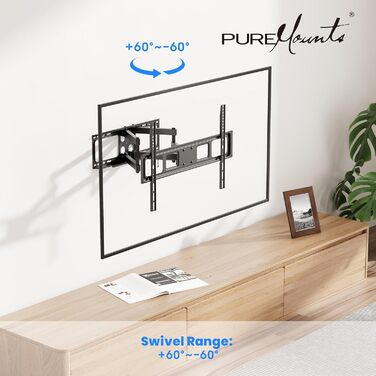 Кріплення для телевізора PureMounts, настінне, універсальне, нахильне та поворотне, VESA 200x200 мм, для телевізорів та моніторів (32-70 дюймів), чорний