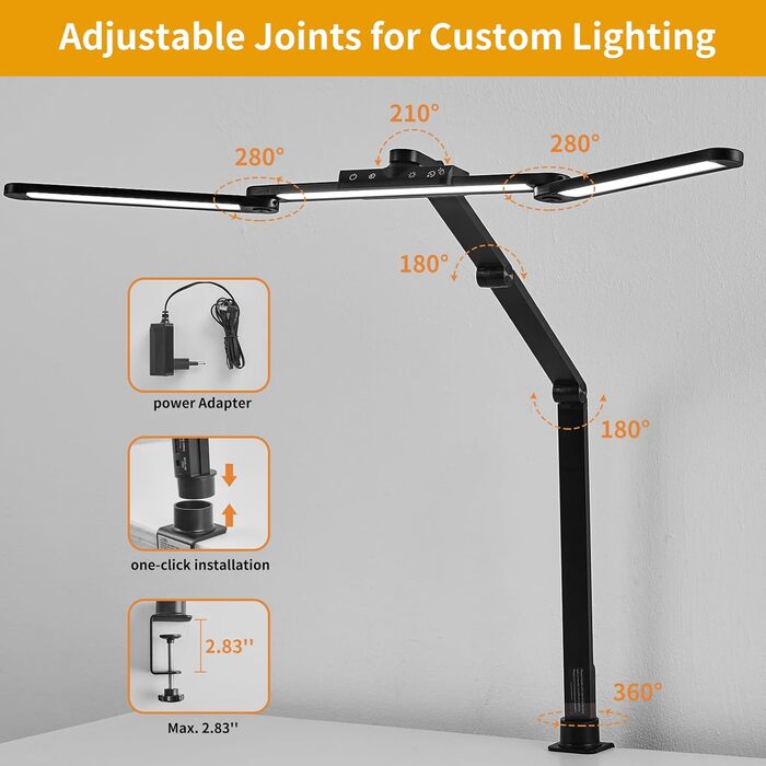 LED лампа для столу Litren 80 см з USB, сенсорне управління та таймер, 24W, чорна