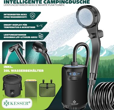 Сонячний душ KESSER® з насосом та акумулятором 8000mAh. Комплект для кемпінгу: 20л бак, регульована лійка, шланг 2м, пістолет-розпилювач, кріплення. Чорний колір.
