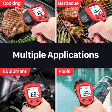 Інфрачервоний термометр Eventek -50°C до 600°C з лазером та LCD дисплеєм. Безконтактний вимірювач температури для піци, гриля, приготування їжі та промисловості. Регульований коефіцієнт випромінювання (Не для вимірювання температури тіла). Червоний колір.