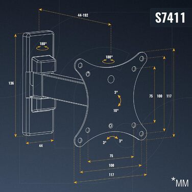 Настінне кріплення для монітора/телевізора RICOO S3911 13-34 дюйми VESA 75x75/100x100 поворотне