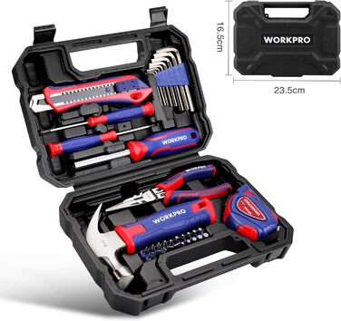 Набір інструментів WORKPRO 35 предметів у кейсі, універсальний комплект для дому, зі шліцевою викруткою, плоскогубцями, рулеткою, шестигранниками, синій, подарунок для початківців DIY
