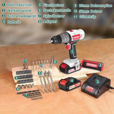 Акумуляторний шуруповерт HYCHIKA 18V, 45 Nm, 2.0 Ah, 21+3 ступені, 2 швидкості, з набором аксесуарів