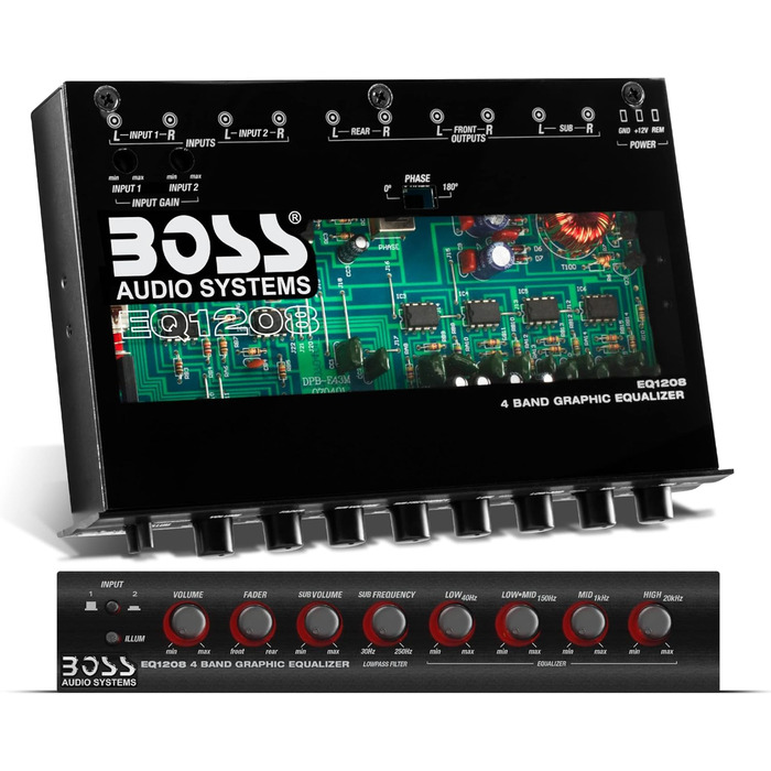Boss Audio EQ1208 підсилений 4-смуговий еквалайзер з регулюванням сабвуфера, попередній підсилювач для авто