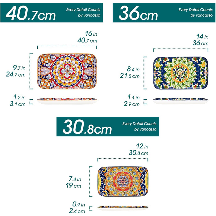 Vancasso Porcelain Serving Platter Set, SIMI Series Rectangular Plates Set, Bohemian Dinner Plates, Cake Plates, Dessert Plates, Breakfast Plates, 3 Sizes Serving Platters