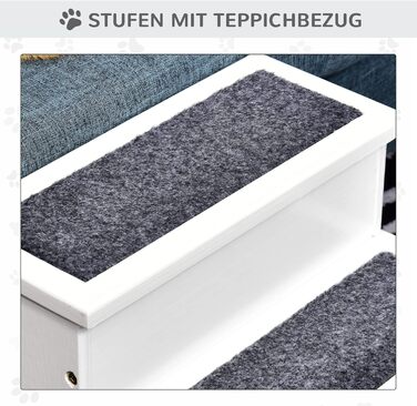 PawHut Pet Stairs 3 Steps Cat Stairs Pet Stairs Dog Stairs for Dogs and Cats Pet Stair Entry Aid with Carpet Storage for Sofa Bed Fir Wood 40.5 x 44.5 x 38 cm (White)