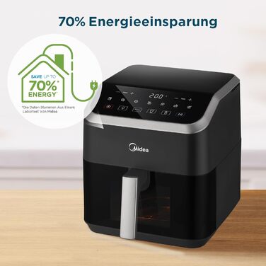 Аерофритюрниця Midea 5 л з технологією HeatXpress, 90% менше олії, енерго- та часозбереження, 7 програм, оглядове вікно з підсвіткою, антипригарне покриття, чорна