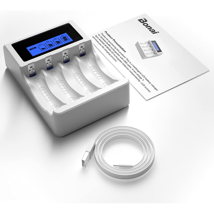 Зарядний пристрій BONAI для акумуляторів AA AAA з USB, 4 слоти, LCD дисплей, розумна зарядка NI-MH NI-CD