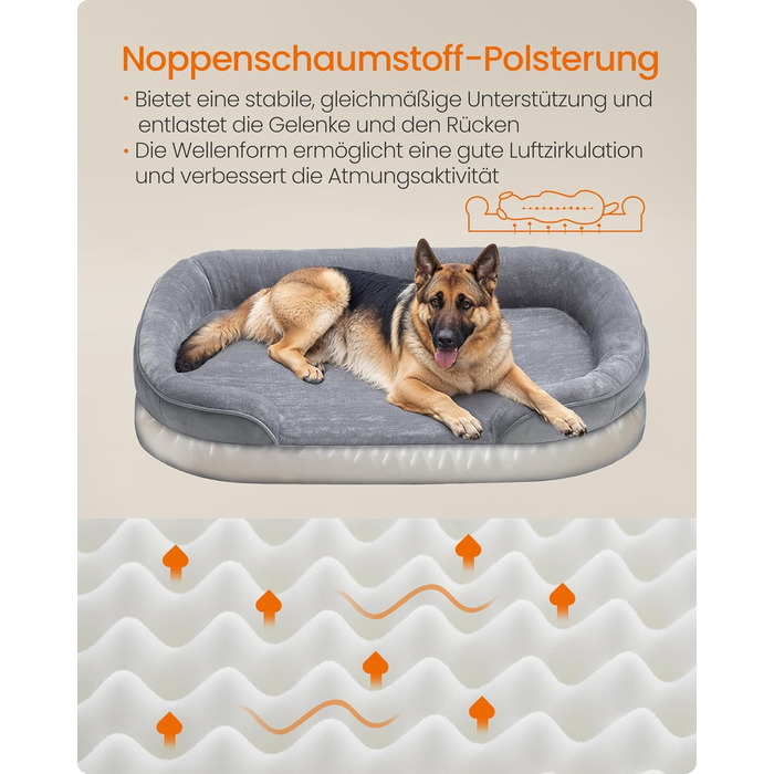 Ліжко для собак Feandrea, ортопедичне, велике, 122 x 85 x 20 см, водонепроникне, знімний чохол, сіре