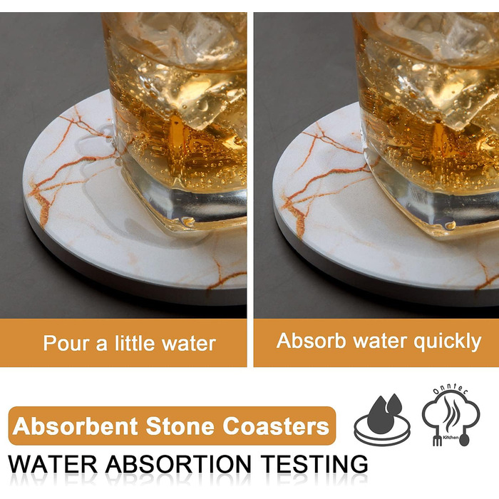 Fun coasters for drinks, marble-style, absorbent ceramic coasters with metal stand, housewarming gifts, decor set of 6, with cork base for wood table (White)
