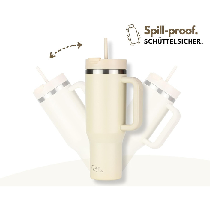 Термокружка Milu 1200 мл з трубочкою та ручкою – 48 годин льоду/24 години холод/12 годин гаряче. Нержавіюча сталь, подвійні стінки, ізольована, 1,2 л (Бежевий)