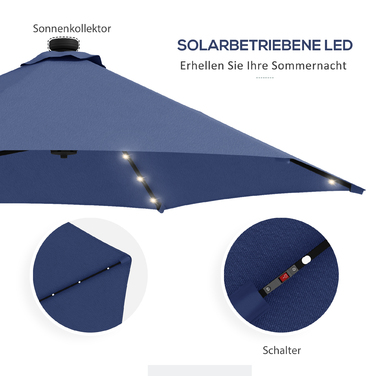 Outsunny Solar Patio Umbrella with LED, Ø290x260 cm, including cross base 55-60kg, UV protection, hand crank & protective cover, polyester, dark blue