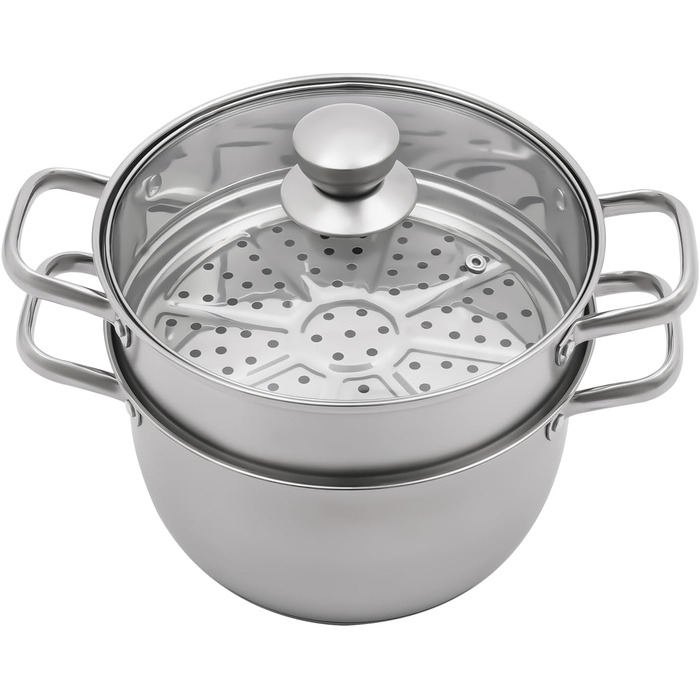 Пароварка 20 см з нержавіючої сталі з кришкою з скла, 2-рівнева пароварка, каструля для супу, пароварка для індукції, каструля для приготування на пару, каструля для овочів, риби, супу, галушок