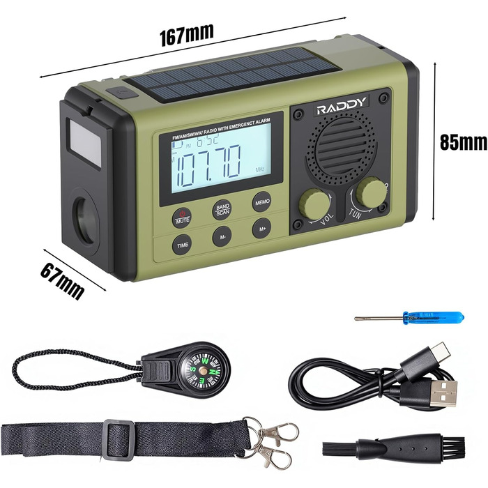 Радіо Raddy SH-908 з ручним приводом, сонячною та USB-підзарядкою, IPX6, AM/FM/SW, SOS, компас, ліхтарик, телефонний зарядний пристрій для кемпінгу та надзвичайних ситуацій