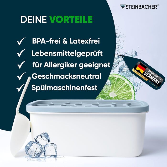 STEINBACHER® Premium Ice Cube Box | Large Ice Cube Container + Silicone Ice Cube Tray in Tested Food Grade Quality (Set) BPA-Free & Dishwasher Safe - Perfect for Drinks & Baby Food (Arctic Blue)