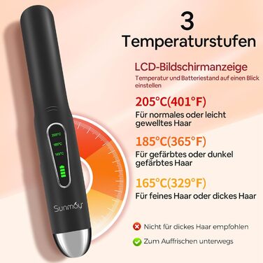 SUNMAY Voga: Бездротове праска для волосся 2-в-1 (праска та плойка), USB, 5000mAh, чорний