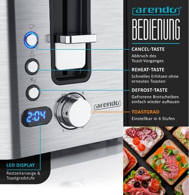 Тостер Arendo з нержавіючої сталі, 4 слоти, підігрів, підставка для бургерів, 1400 Вт, лоток для крихт, дисплей з таймером, сріблястий