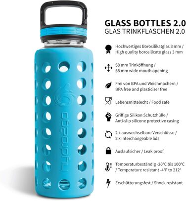 Glass Drinking Bottle with Silicone Sleeve – 100% Leak-Proof, BPA-Free, Dishwasher Safe, 2 Replaceable Lids – Ideal for Office, Fitness, Yoga, Sports & Outdoor – 950 ml (Coral Blue 2.0)