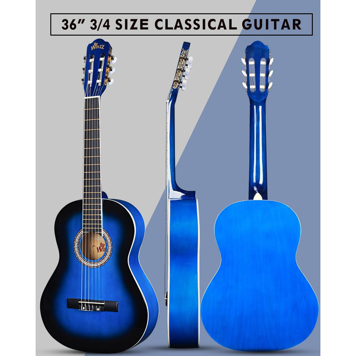 Кітара класична Winzz 4/4 для дорослих та дітей (від 11 років), чорний глянцевий, набір для початківців, 39 дюймів, блакитний (3/4)