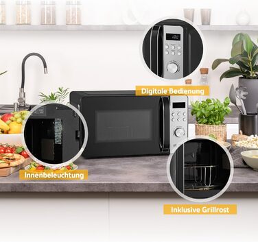 Мікрохвильова піч з грилем TZS First Austria 20L - 2-в-1, 700/800W, 8 програм, LED-дисплей, нержавіюча сталь, захист від дітей, чорний