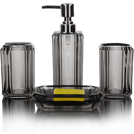 Набір аксесуарів для ванної кімнати з акрилу преміум-класу (4 шт.): дозатор для дезінфектора, диспенсер для лосьйону, мильниця, стакан для ополіскувача, стакан для зубної пасти (щіткова чорна/сіра)