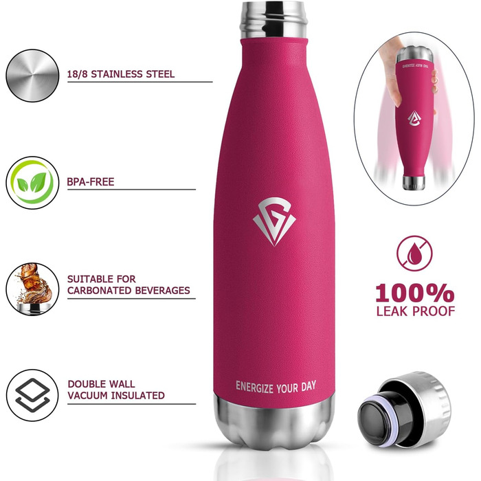 Термос-пляшка 1000 мл, термоізольована металева пляшка без BPA, подвійні стінки, підходить для газованої води, ізотермос для кемпінгу, дітей, фітнесу, спорту, подорожей, для хлопчиків та дівчаток (750 мл, Рожевий)