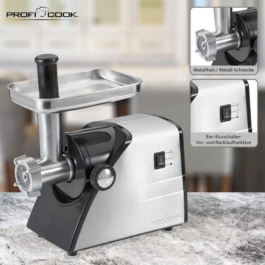 Електричний м'ясорубка ProfiCook PC-FW 1272 з насадкою для печива та вареників | 1200W, 3 металеві диски, функція наповнення ковбас, нержавіюча сталь