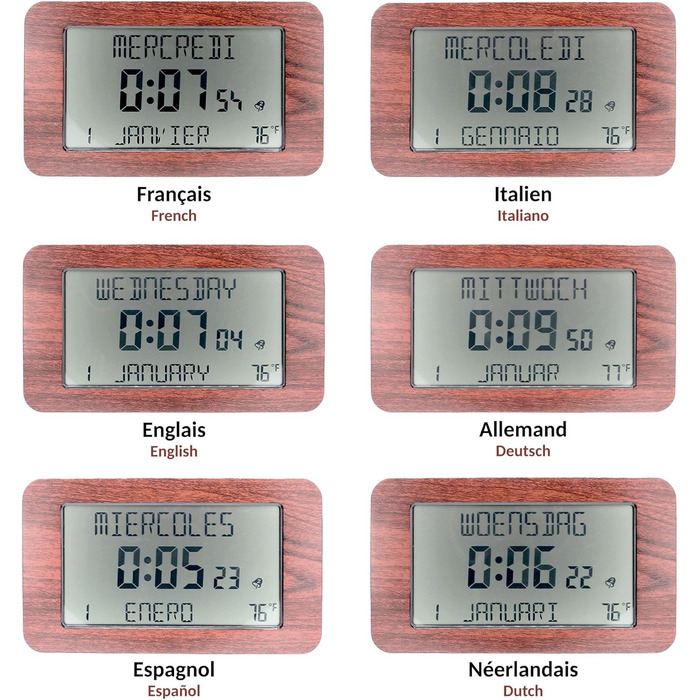 FISHTEC Radio Clock Alarm Clock with Calendar – Large Display, Date, Day, Time, Temperature, 2 Alarms, Wall Mounting or Stand – Wood-Look Finish, 24 x 14 cm