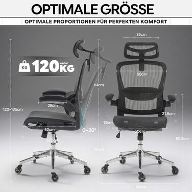Ергономічне офісне крісло з сітки для дому та офісу, з регульованою поперековою підтримкою, 2D-підголівником та підлокітниками, що відкидаються, до 150 кг (Чорне)