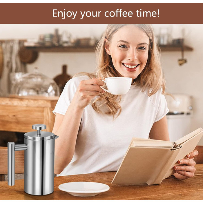 Make a French Press Coffee Maker, 1500 ml large insulated French Press, double-walled insulated stainless steel, 3-stage filter system, French press for home, camping and office, Silver (350ML)