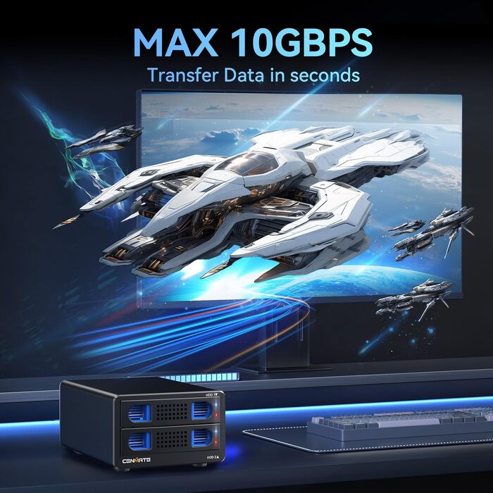 Зовнішній корпус для HDD/SSD CENMATE 802TC, 2 слоти 2.5/3.5 SATA, 10Gbps, USB 3.2 Type-A/C, з охолодженням та Hot Swap