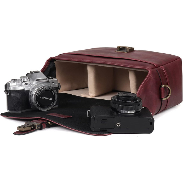 Чохол для камери MegaGear Torres: шкіряна сумка-месенджер для бездзеркальних, плівкових та DSLR камер, оливковий (бордовий)