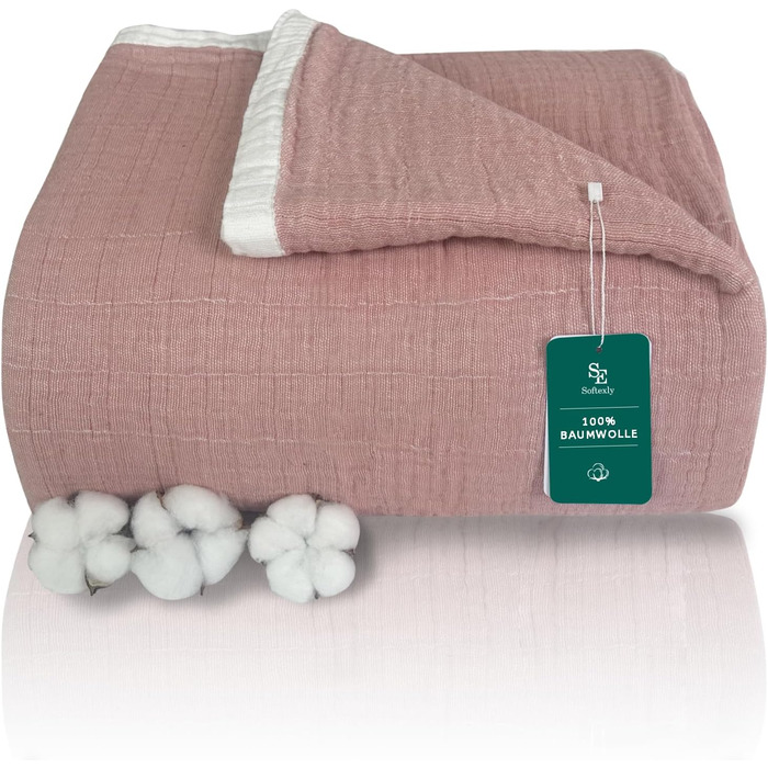 М'яка ковдра Softexly з бавовни 100%, 4-шарова муслінова ковдра, плед для ліжка, дивана, інтер'єру. Плед Softexly 130x150 см (білий, оранжевий, 150x200 см)