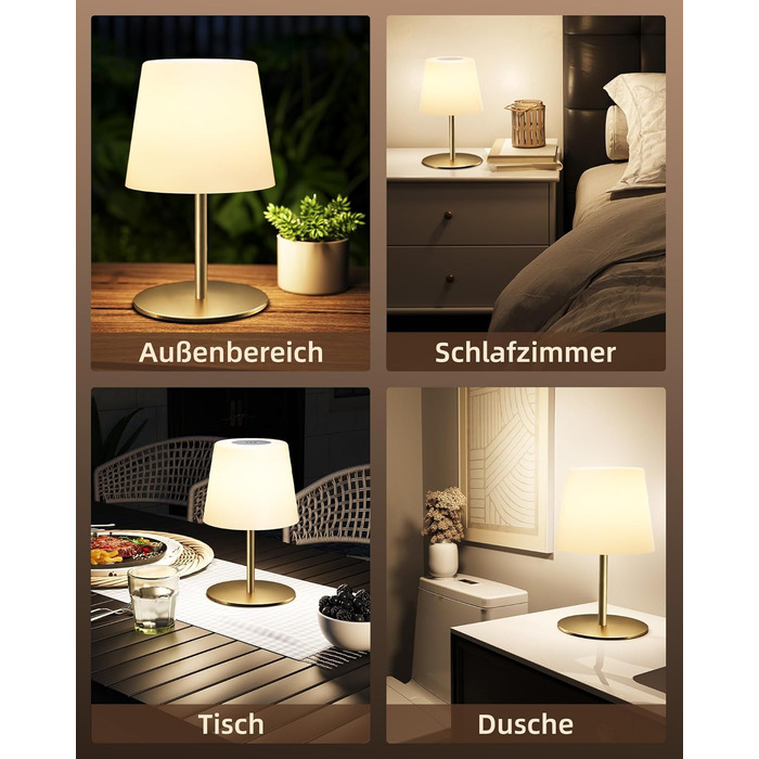 Настільна LED лампа EZVALO бездротова, 2 шт., IP65, 4500mAh, USB-C, диммер сенсорний, 3 режими світла, золота. Лампа для кемпінгу, спальні та столу.