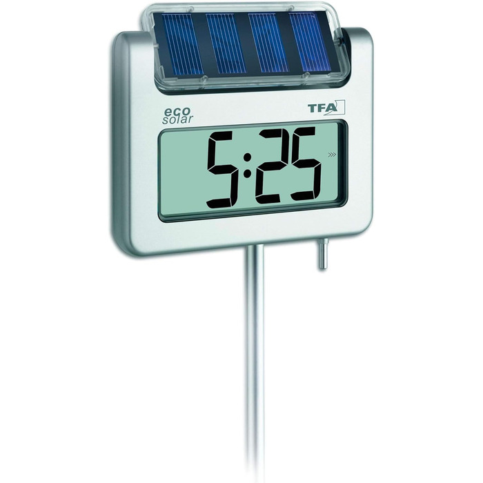 TFA Dostmann Avenue Digital Solar Garden Thermometer, 30.2026, with Light Sensor, Time Display, High/Low Values, Height 1145mm, Silver