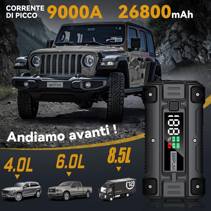BRPOM Пусковий пристрій для авто/мото 8000A 26800mAh з LED-ліхтарем та USB Quick Charge 3.0 BM502