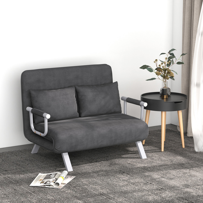 HOMCOM 2-Seater Sleeper Sofa with Armrest 65x69x80cm 3-in-1 Sleeper Chair, Guest Bed, Foldable Mattress, Faux Velvet, Gray | Aosom