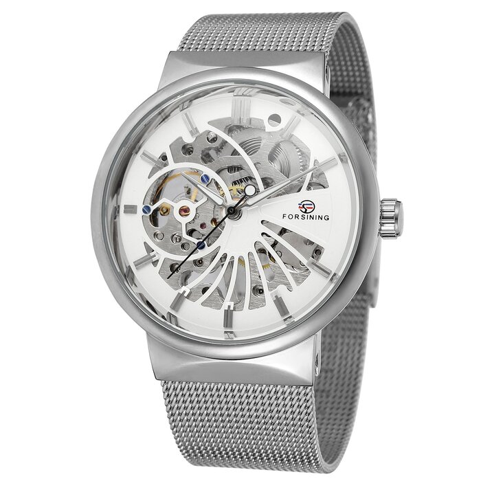 Годинник чоловічий FORSINING Механічний, ультратонкий, з браслетом з нержавіючої сталі, скелетонний, аналоговий (Бежевий)