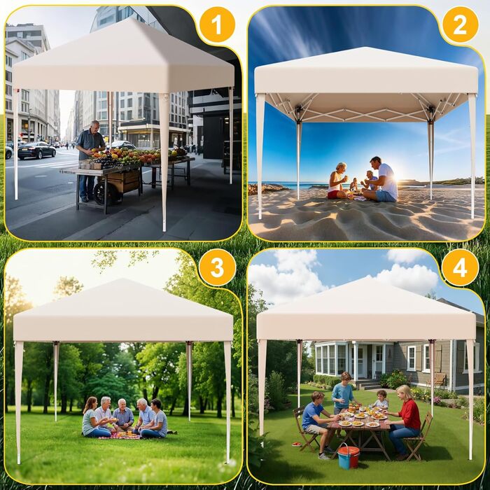 Devoko Gazebo, 3x3 Waterproof, Stable, Winter-Proof Gazebo with 3-Level Height Adjustment, Foldable Gazebo with UV Protection 50+, Foldable Gazebo with Carry Bag, For Garden, Outdoor, Camping, Beige