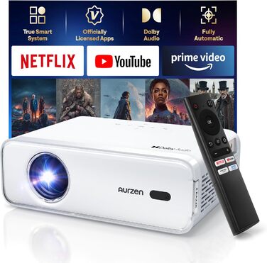 Aurzen Eazze D1 Smart Beamer: 4K проєктор для дому, Wi-Fi, Bluetooth, Netflix, Dolby Audio, автофокус, корекція трапеції, Mini проєктор, білий