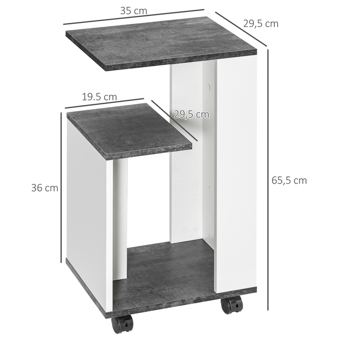 HOMCOM Bedside Table with 4 Wheels, 3 Shelves, 35 x 29.5 x 65.5 cm, Gray/White