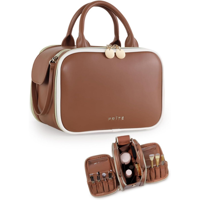 Косметичка-органайзер велика містка з водонепроникним покриттям та ручкою, з декількома відділеннями (колір: кавовий)