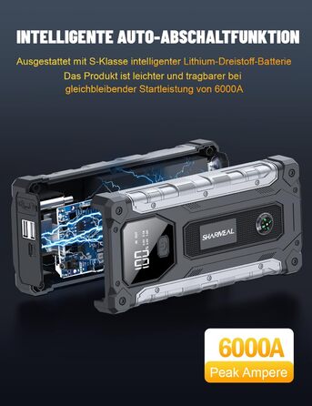 Powerbank для авто SHARMEAL 6000A: пусковий пристрій, 12V, LCD, LED, для бензинових та дизельних авто (до 10.0 л)