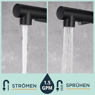 Кран FORIOUS для кухні з висувною лійкою, душовою насадкою, поворотний на 360°, 2 режими розпилення, матовий чорний