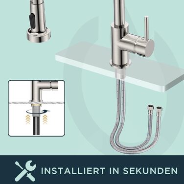 Кран кухонний FORIOUS з високим виливом, поворотний на 360°, з висувною лійкою, нержавіюча сталь, щітка