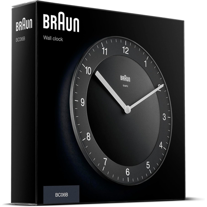 Braun Classic analog wall clock with quiet quartz movement, easy-to-read dial with a 20 cm diameter in black, model BC06B.