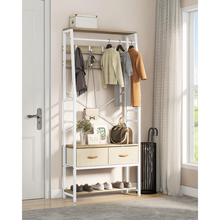 YITAHOME Entryway Bench with Shoe Cabinet, Freestanding Coat Rack with Bench and 2 Folding Drawers, Industrial Coat Rack with 8 Hooks for Entryway, Living Room, Bedroom, Metal Frame, Rustic Brown (Beige)